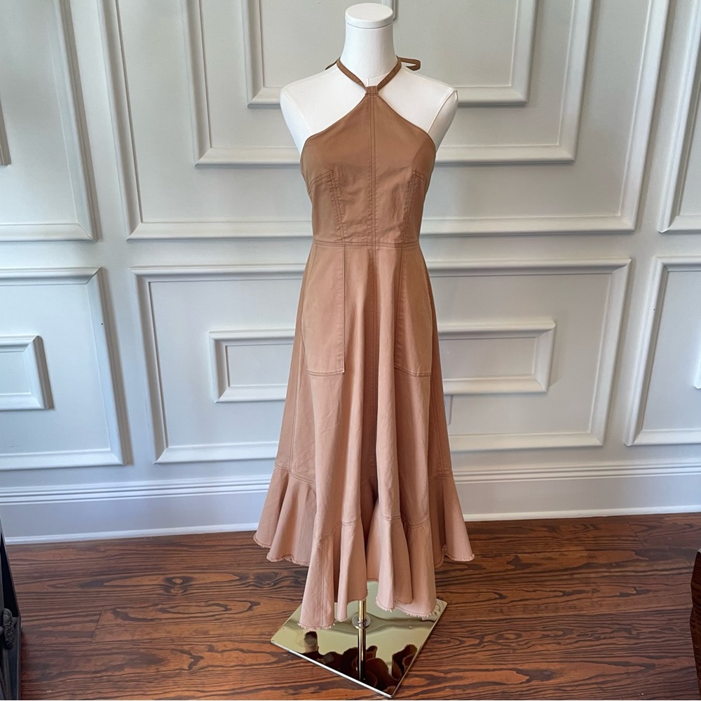 NWT Cinq a Sept Dress 0 Tan Midi halter cotton sleeveless dress XS maxi Fall